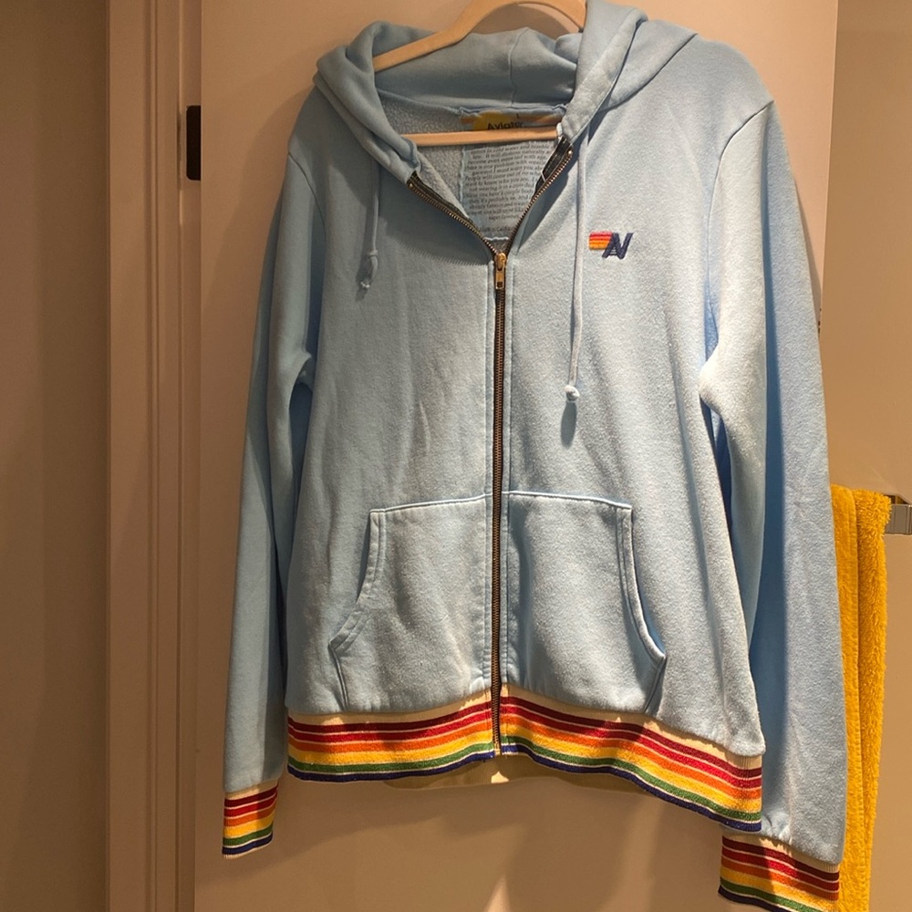Aviator Nation Light Blue Zip-Up Hoodie with Rainbow Trim